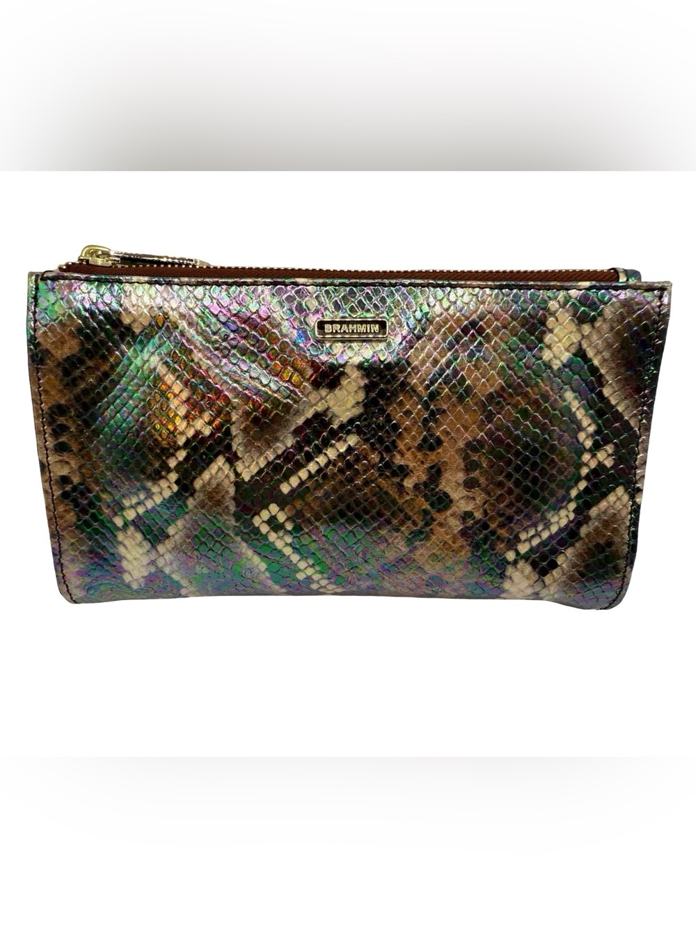 Brahmin Iridescent Snakeskin Clutch in Green, Purple and Brown